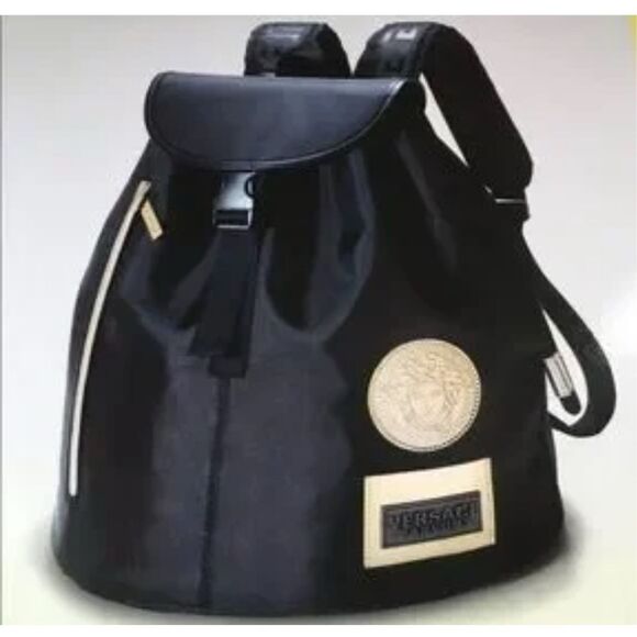 VERSACE PARFUMS Medusa Head Black Nylon Drawstring Flap Backpack EUC - Picture 1 of 11
